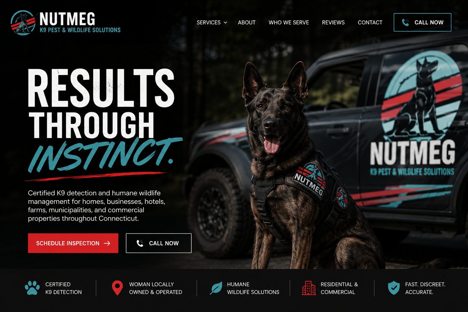 Nutmeg K9 Solutions working dog logo and Results Through Instinct graphic