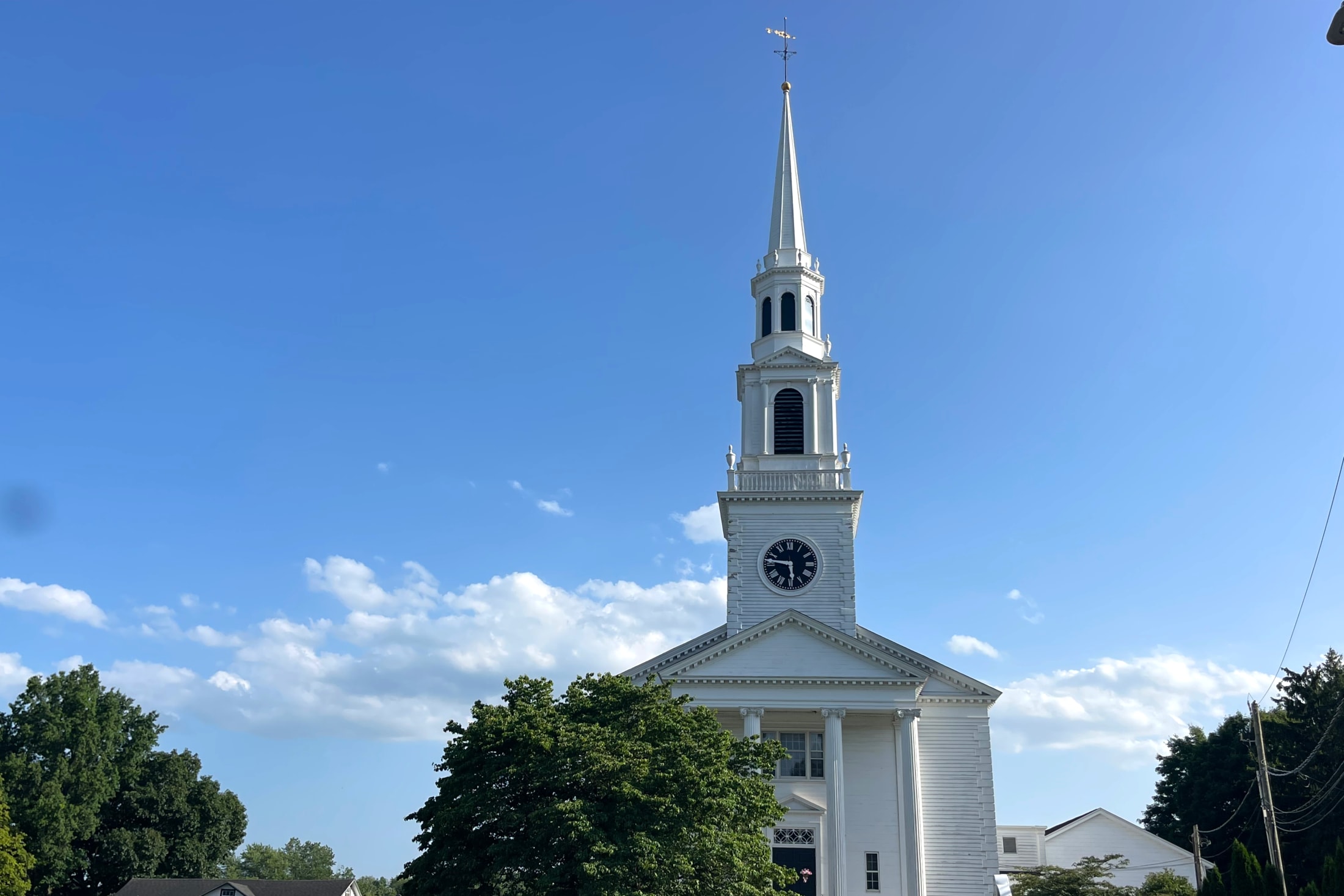 White steeple near Ellington Green in Ellington, Connecticut